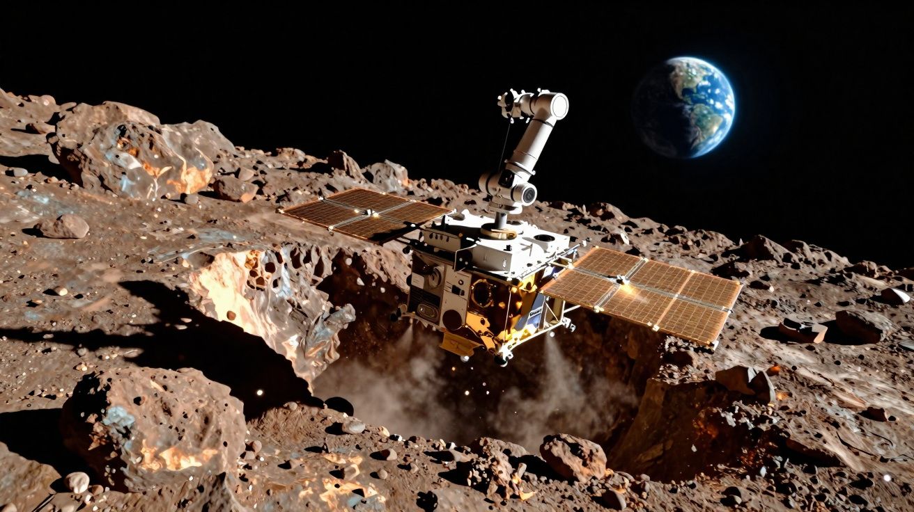 Sonda espacial sobrevoando a superfície rochosa de um asteroide com a Terra ao fundo, no espaço.