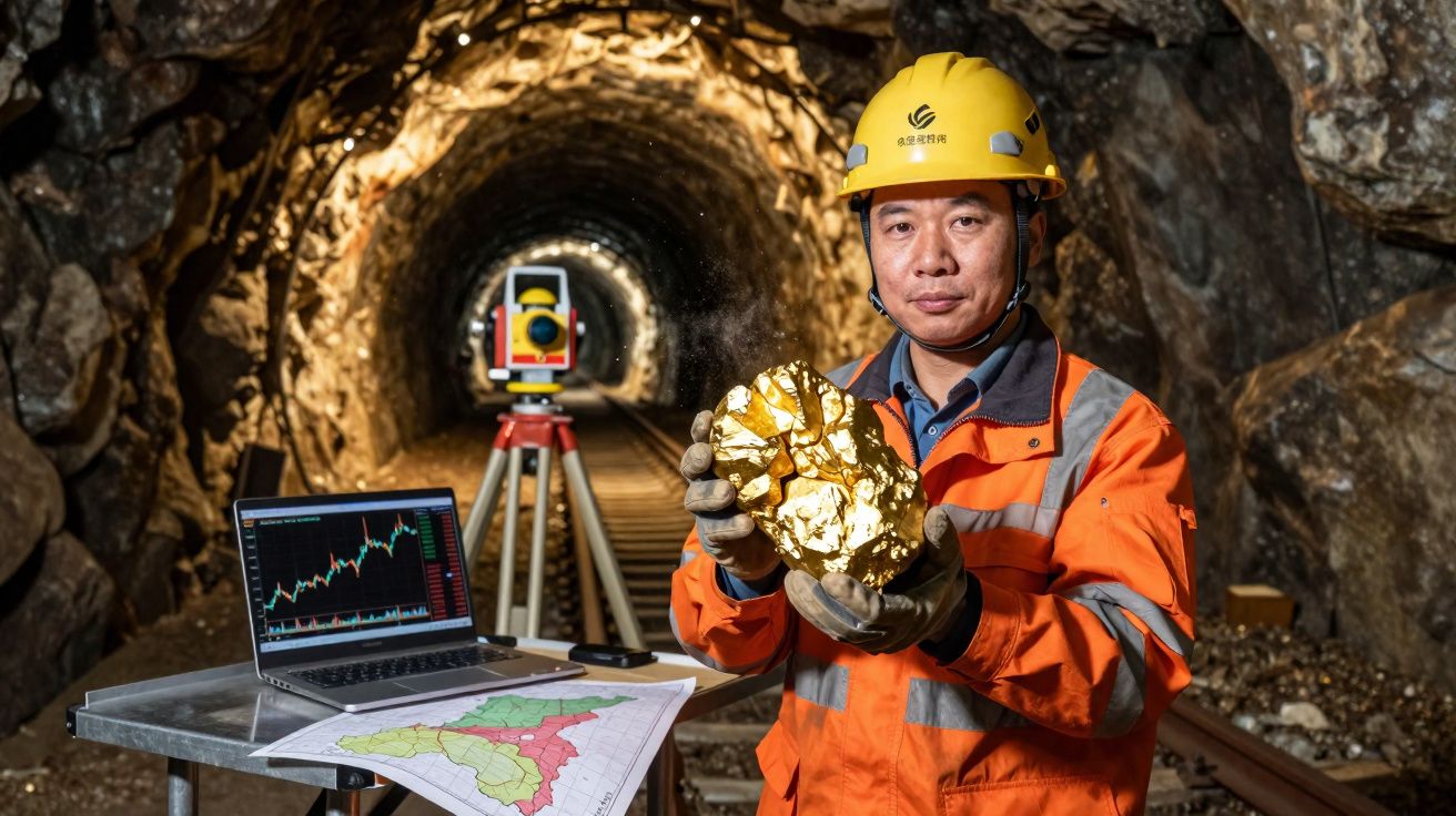 Homem com capacete e jaleco laranja segura grande pepita de ouro dentro de mina subterrânea.