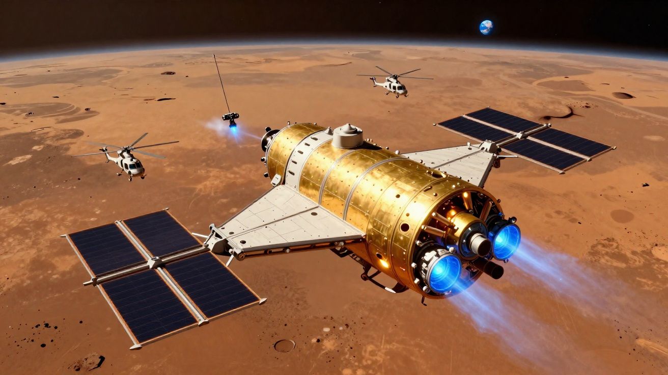 Nave espacial dourada com painéis solares voando sobre a superfície de Marte, com dois helicópteros e a Terra ao fundo.