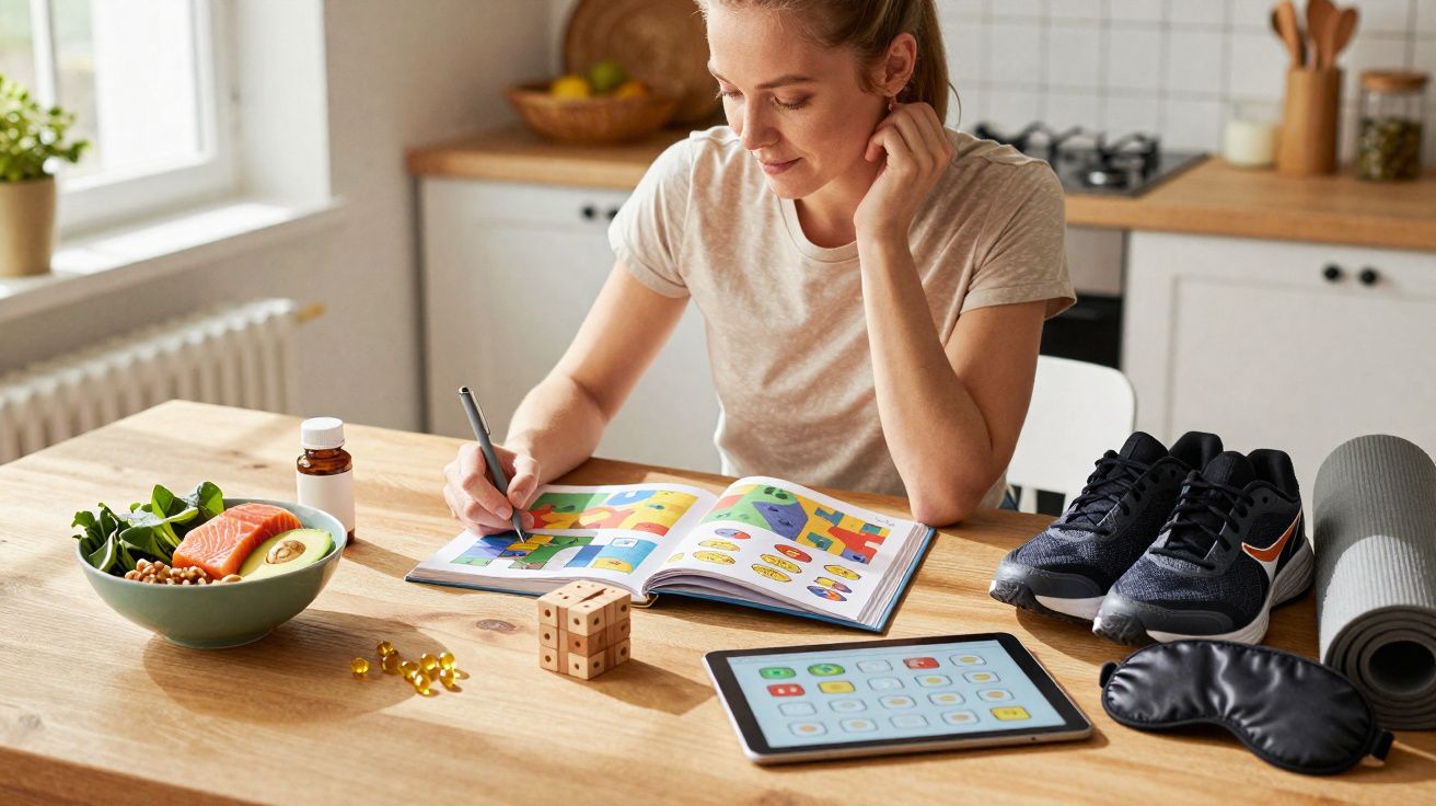 Mulher fazendo anotações em livro com tablet, tênis, comida saudável e suplementos ao redor em mesa.