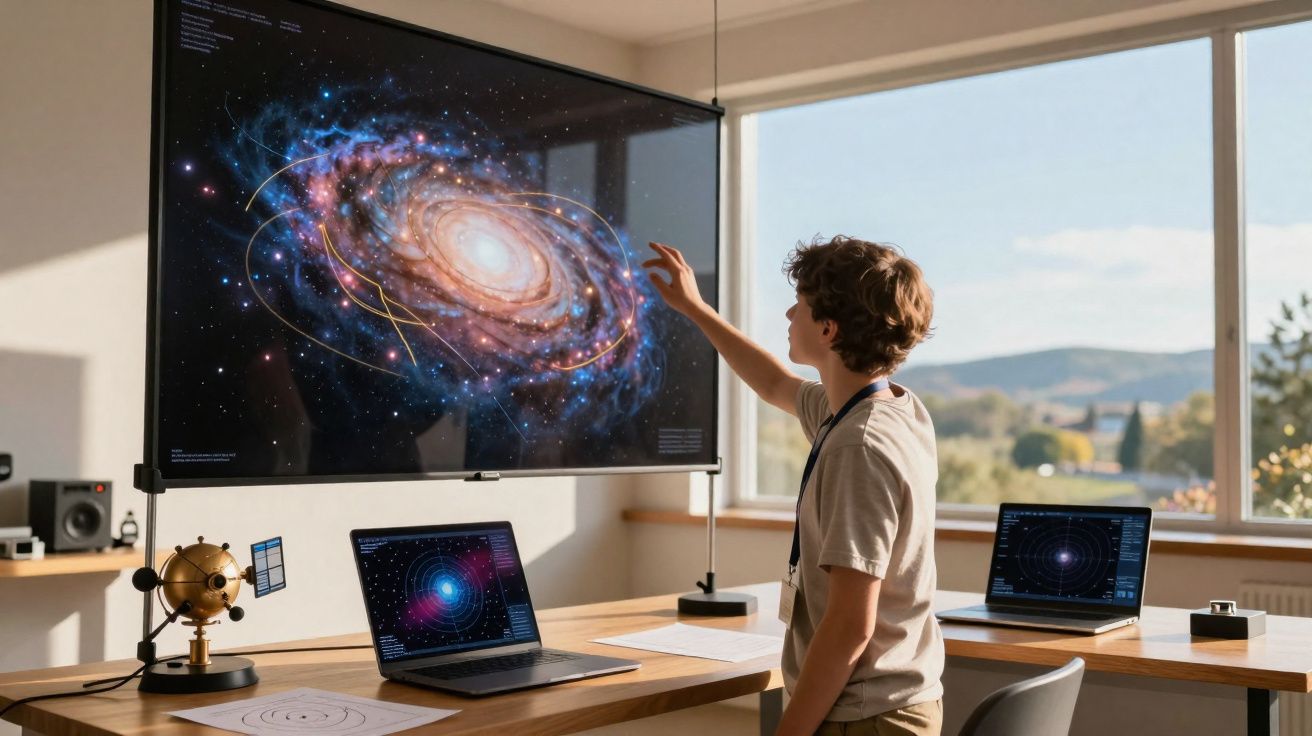 Jovem interage com projeção de galáxia em sala iluminada com laptops e modelo do sistema solar sobre mesa de madeira.