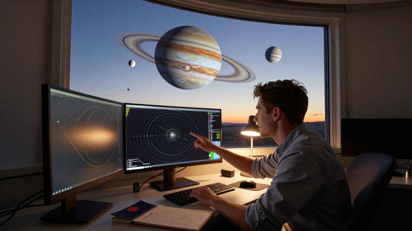 Homem estudando órbitas de planetas em múltiplos monitores com imagens de planetas gigantes ao fundo.