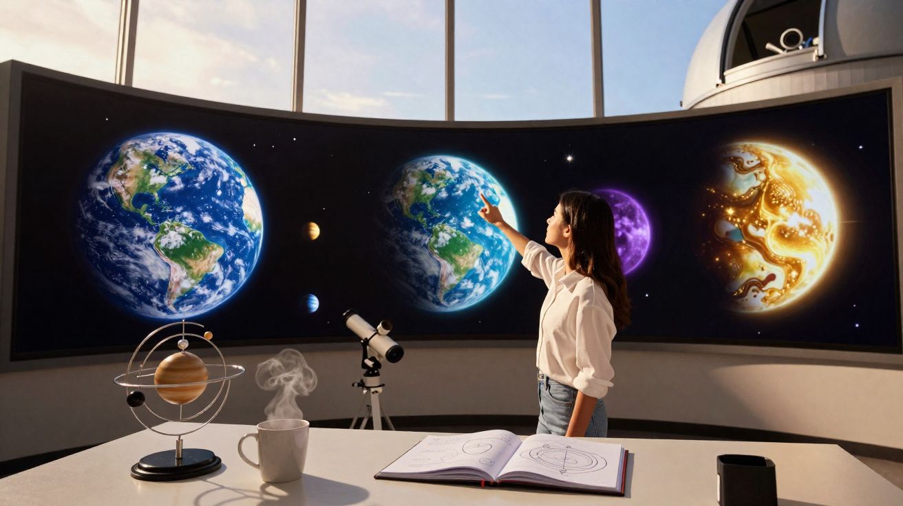Mulher aponta para imagem da Terra e planetas em planetário com telescópio e livro aberto na mesa à frente.