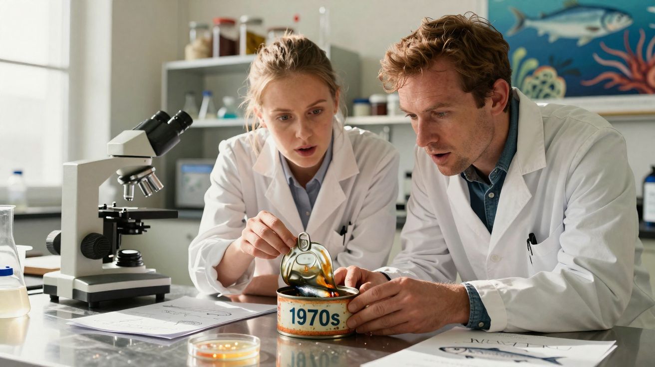 Dois cientistas em jalecos examinam uma lata vintage rotulada como 1970s em um laboratório.