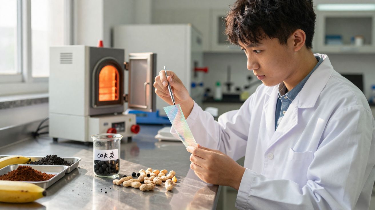Cientista em laboratório analisando amostra, com nozes, bananas e solo sobre bancada.