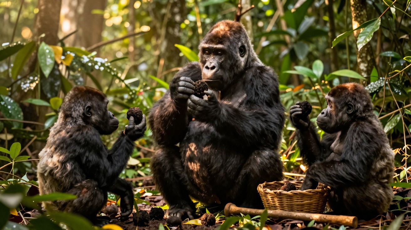 Gorila adulto e dois filhotes sentados no chão da floresta segurando e comendo frutos escuros.
