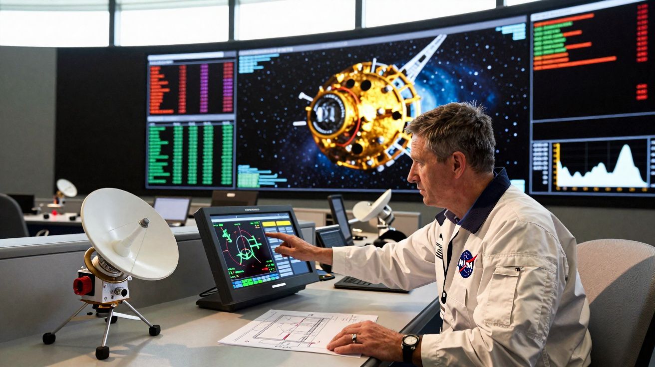 Homem em uniforme da NASA operando computadores em centro de controle espacial com imagens de nave e dados.