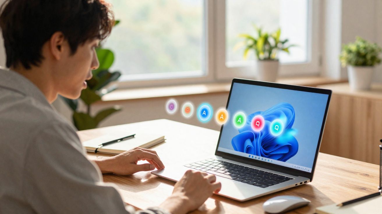 Pessoa usando notebook que exibe tela com sistema operacional Windows e ícones flutuantes coloridos.