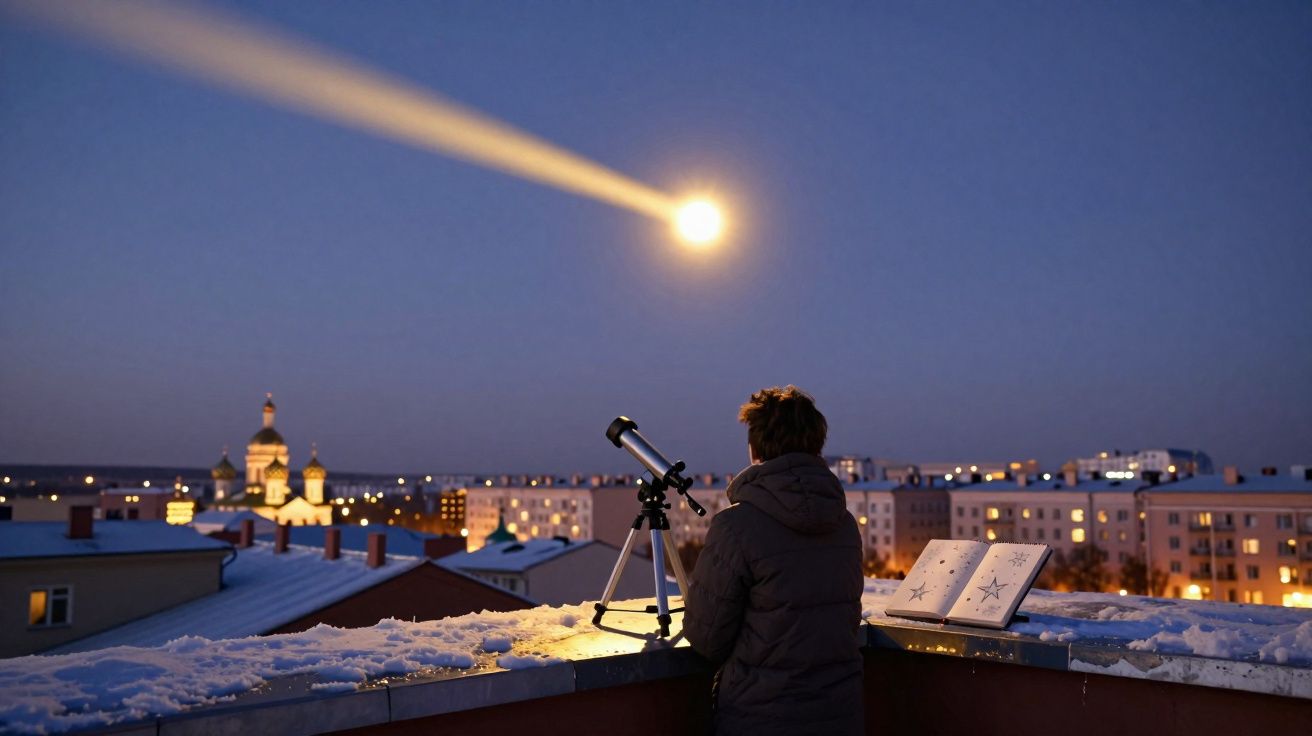 Pessoa olhando para o céu com telescópio e livro aberto em laje coberta de neve à noite na cidade.