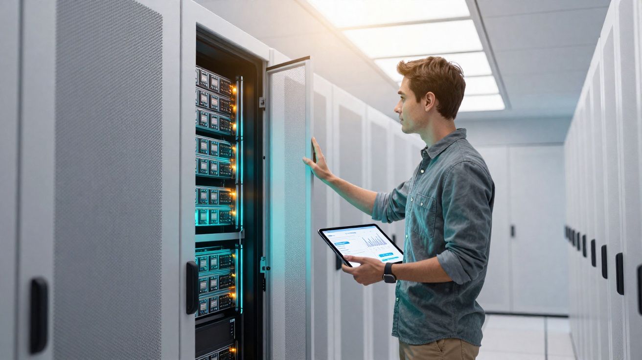 Homem com tablet verifica servidor em sala de data center moderna e iluminada.