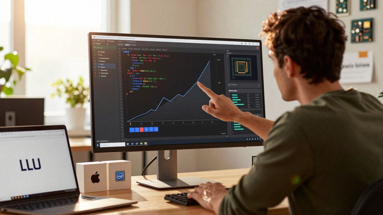 Homem apontando para gráfico de crescimento exibido em monitor de computador em mesa de trabalho.