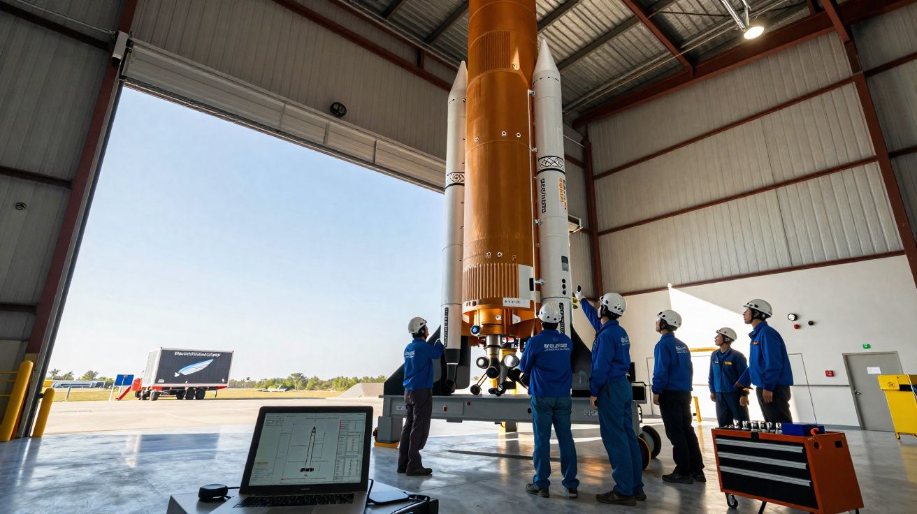 Equipe técnica inspecionando foguete laranja e branco em hangar aberto com laptop em primeiro plano.
