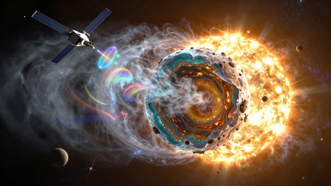 Sonda espacial próxima a planeta com atmosfera nebulosa em órbita de estrela brilhante no espaço.