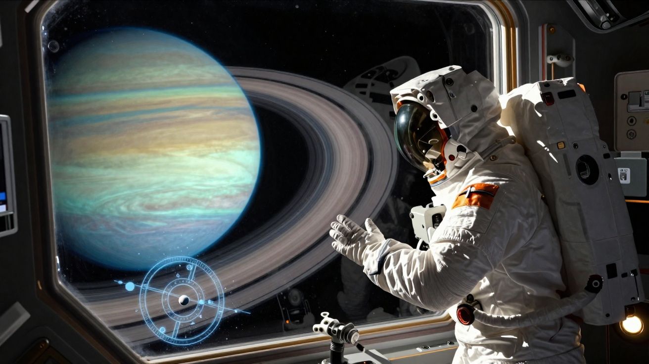 Astronauta observa planeta com anéis através da janela de nave espacial em ambiente escuro.