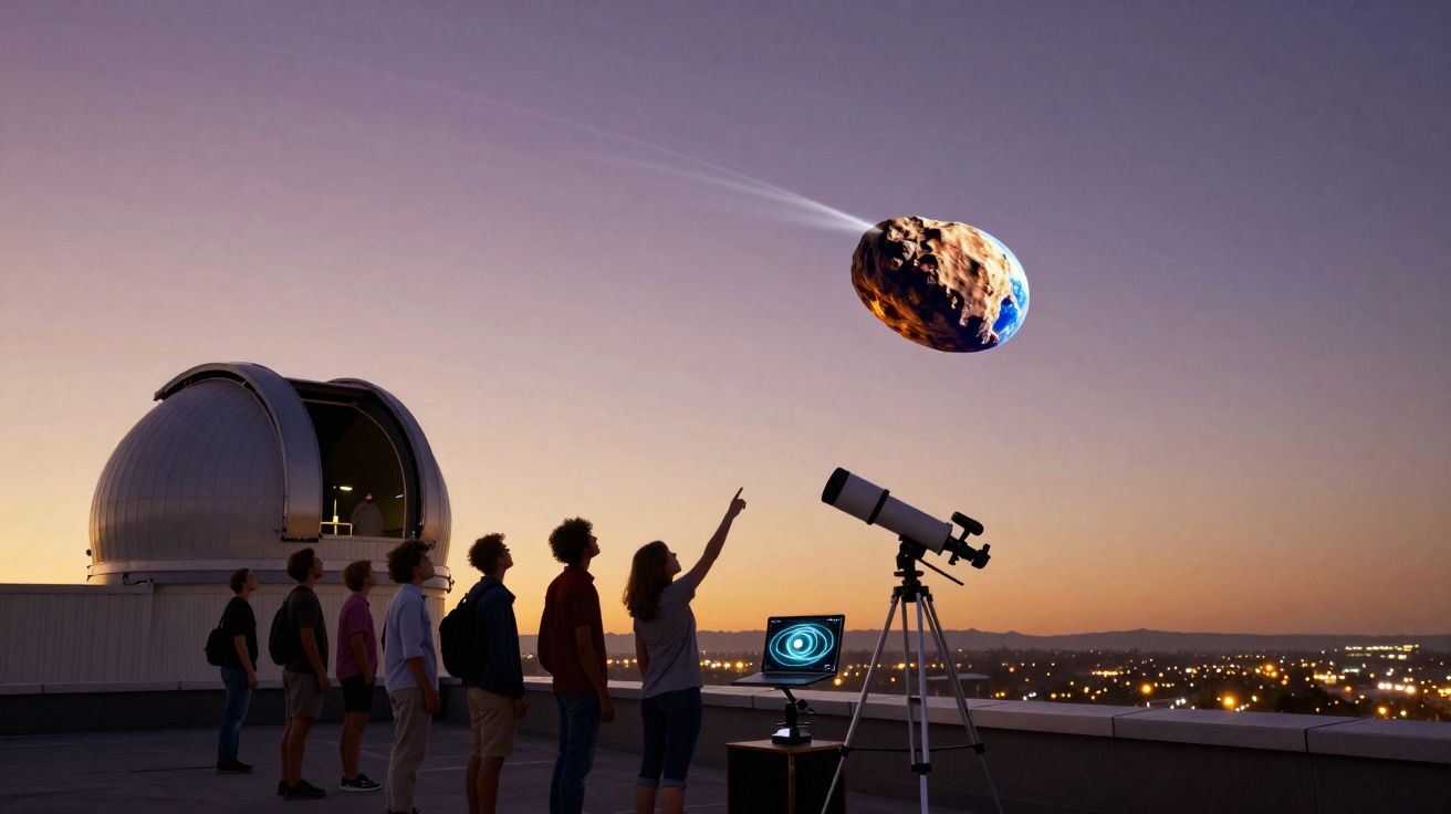 Grupo observa meteorito brilhante com terra visível se aproximando do planeta ao pôr do sol em observatório astronômico.