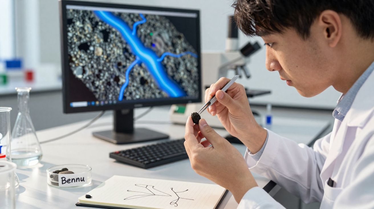 Cientista analisa fragmento de rocha espacial com pinça enquanto computador exibe imagem ampliada em laboratório.