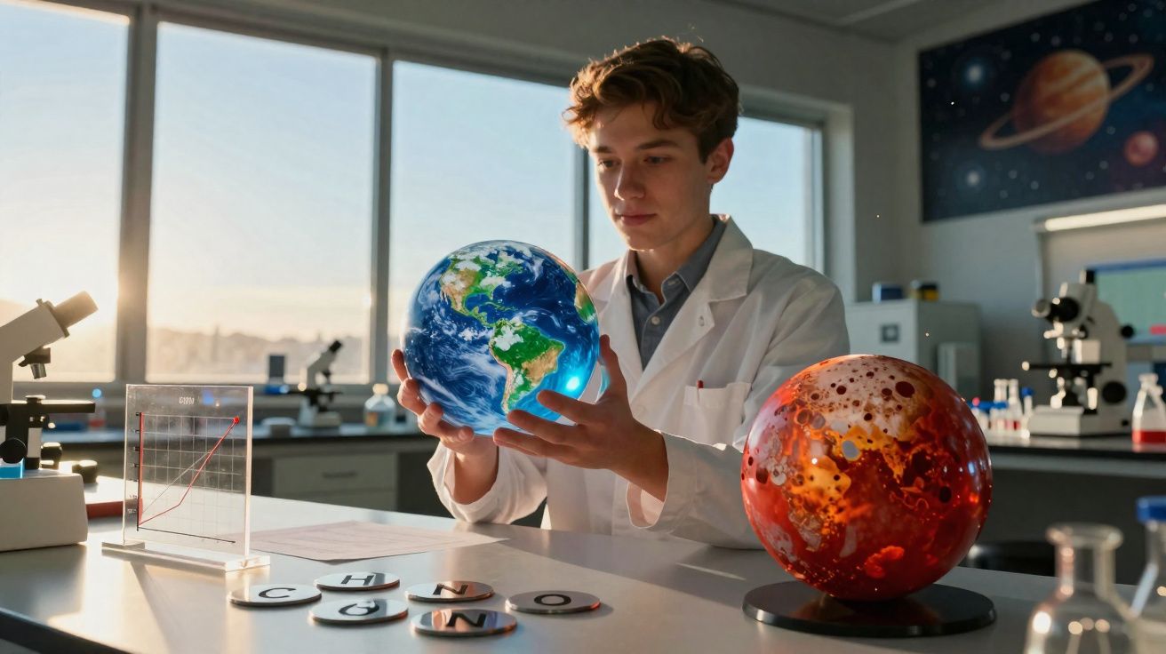 Jovem cientista em laboratório observando modelo da Terra com outro modelo planetário sobre a mesa.