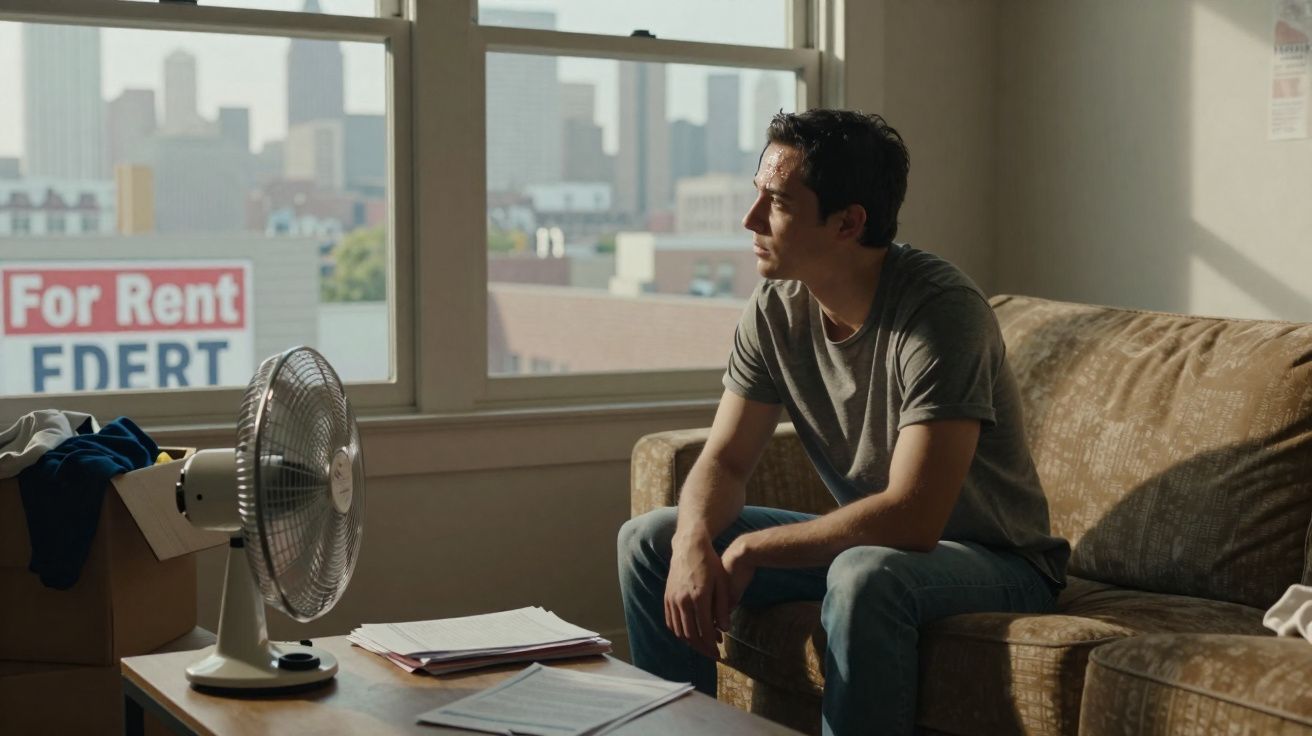 Homem sentado no sofá olhando pela janela em sala com ventilador e papéis sobre a mesa.