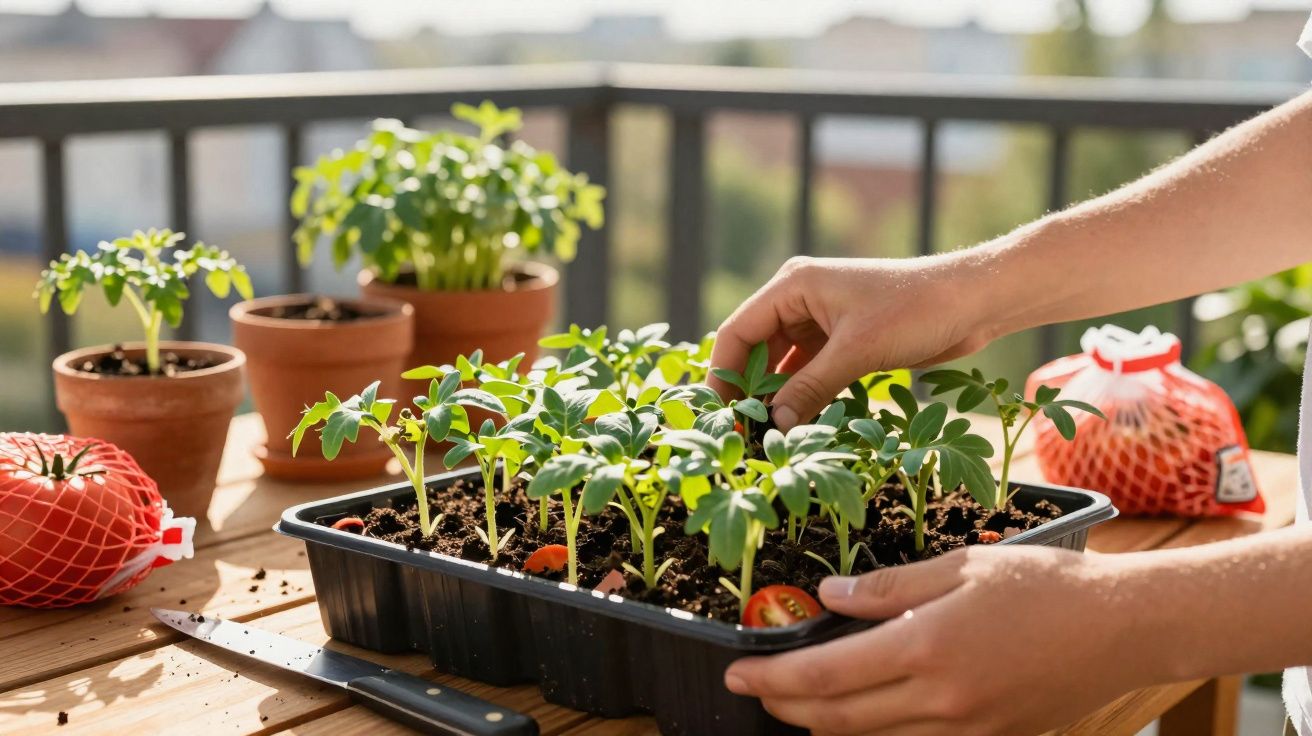 Mãos cuidando de mudas verdes em bandeja com terra em varanda, ao lado de vasos e tomates.