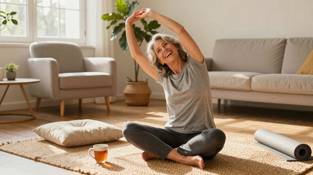 Mulher adulta sorridente fazendo alongamento sentada no tapete da sala com tatame e chá ao lado.