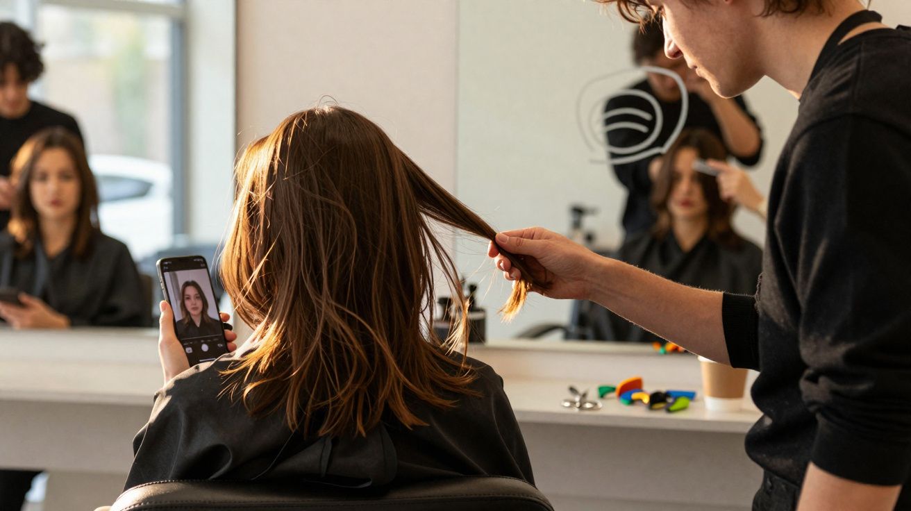 Cliente tirando selfie enquanto cabeleireiro avalia o cabelo em salão de beleza moderno.