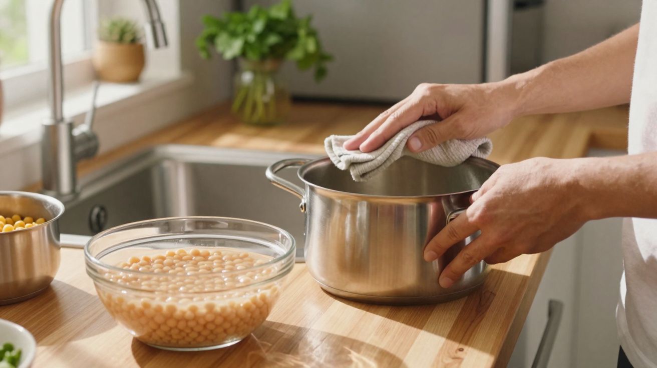Mãos secando uma panela de inox na cozinha, com tigela de grão-de-bico sobre bancada de madeira.