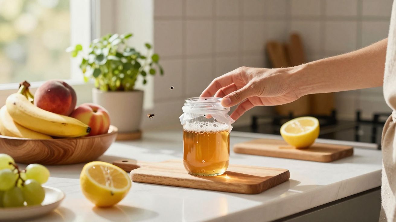 Mão pegando pote de vidro com mel na cozinha, frutas, limão e planta ao fundo.