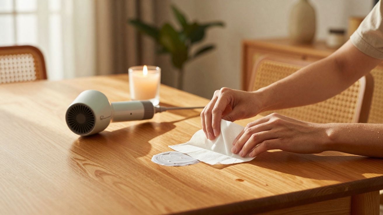 Pessoa limpando sujeira líquida em mesa de madeira com papel toalha, secador de cabelo e vela ao fundo.