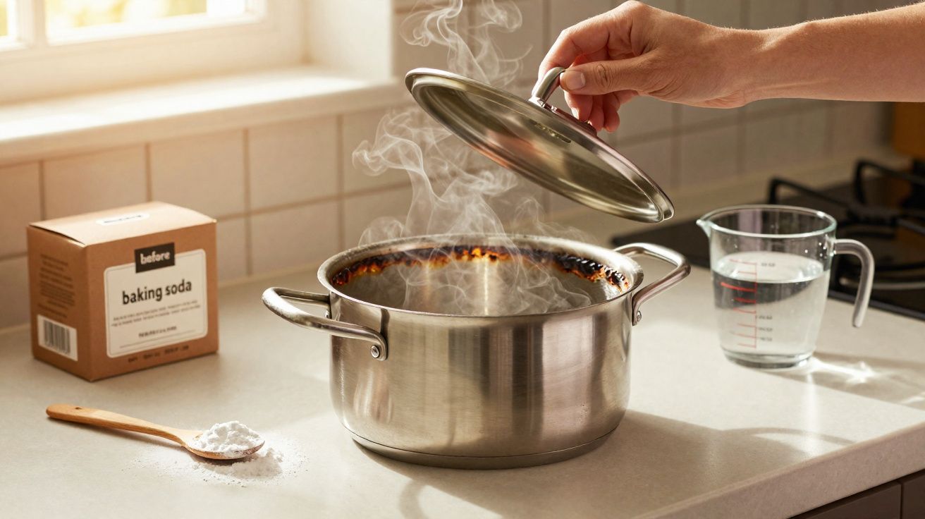 Mão levantando tampa de panela com comida queimada e fumaça saindo, bicarbonato de sódio e copo medidor na bancada.