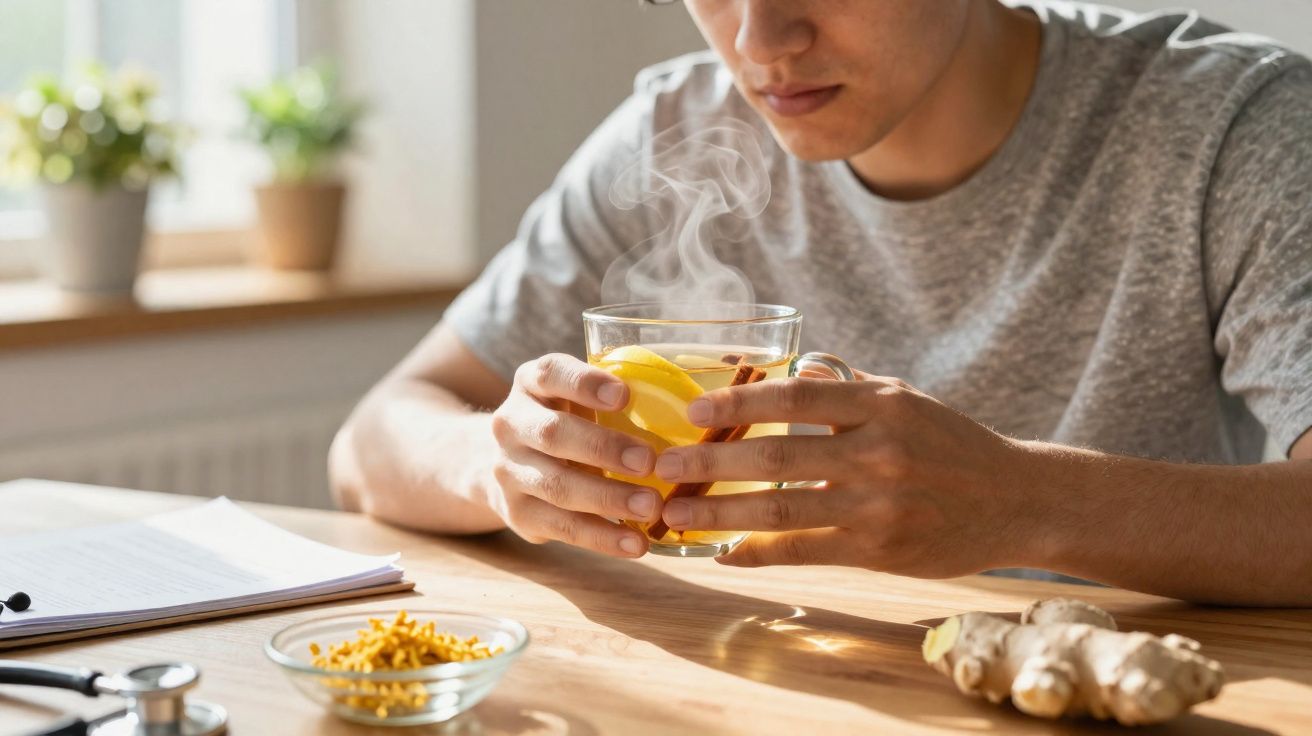 Homem segurando uma xícara de chá quente com limão, sentado à mesa com gengibre e medicamentos.