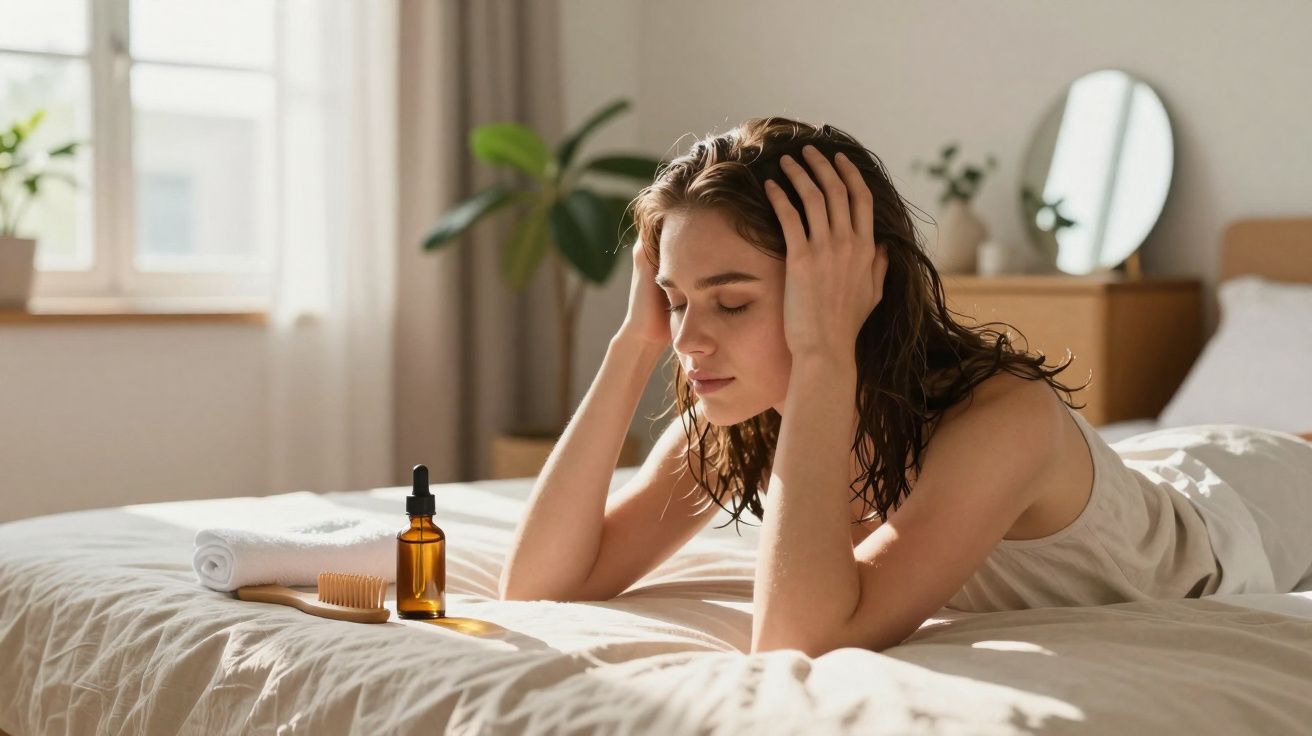 Mulher deitada na cama com óleo, escova e toalha ao lado em quarto iluminado pela manhã.