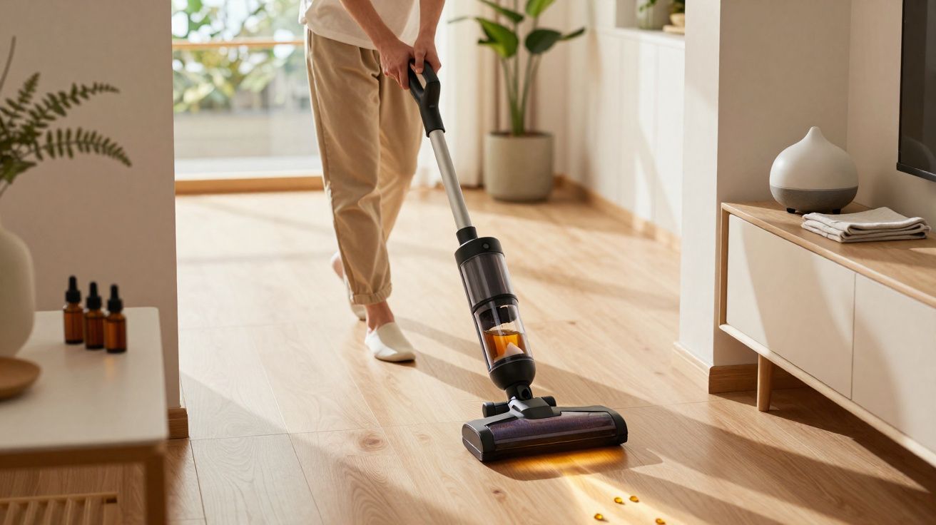 Pessoa aspirando chão de madeira clara com aspirador sem fio em sala iluminada e decorada.
