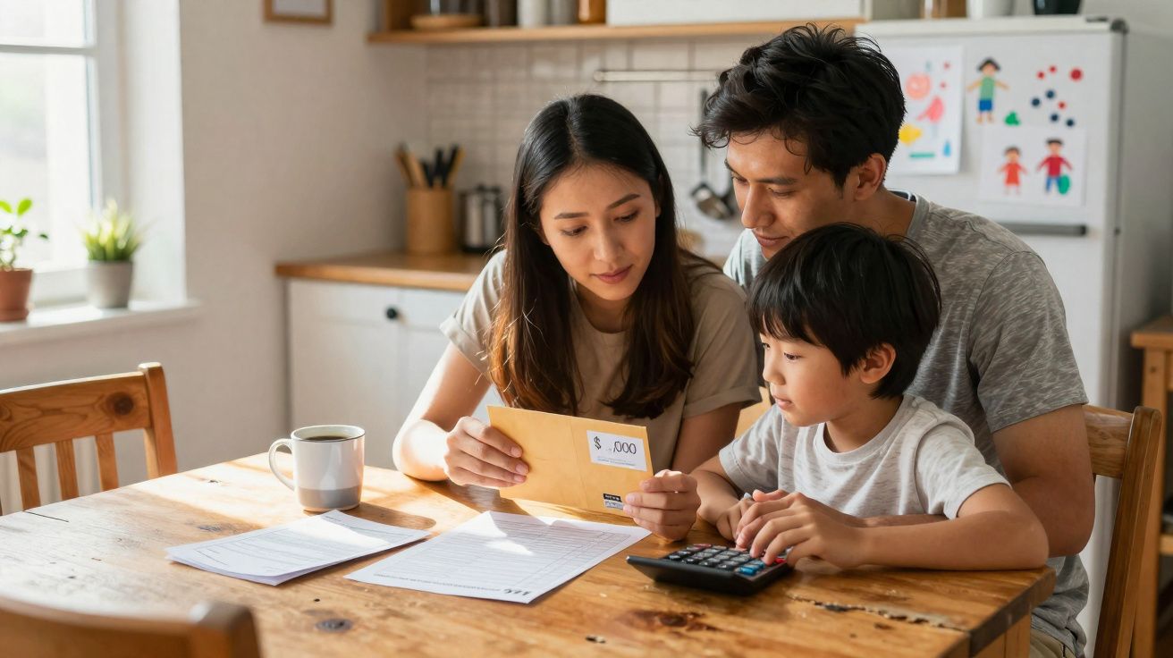 Família asiática sentada à mesa da cozinha, analisando documentos e usando calculadora juntos.
