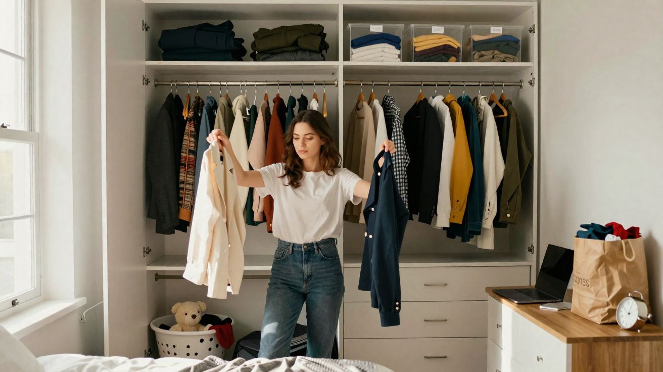 Mulher escolhendo roupas em guarda-roupa organizado com várias peças penduradas e dobradas na prateleira.