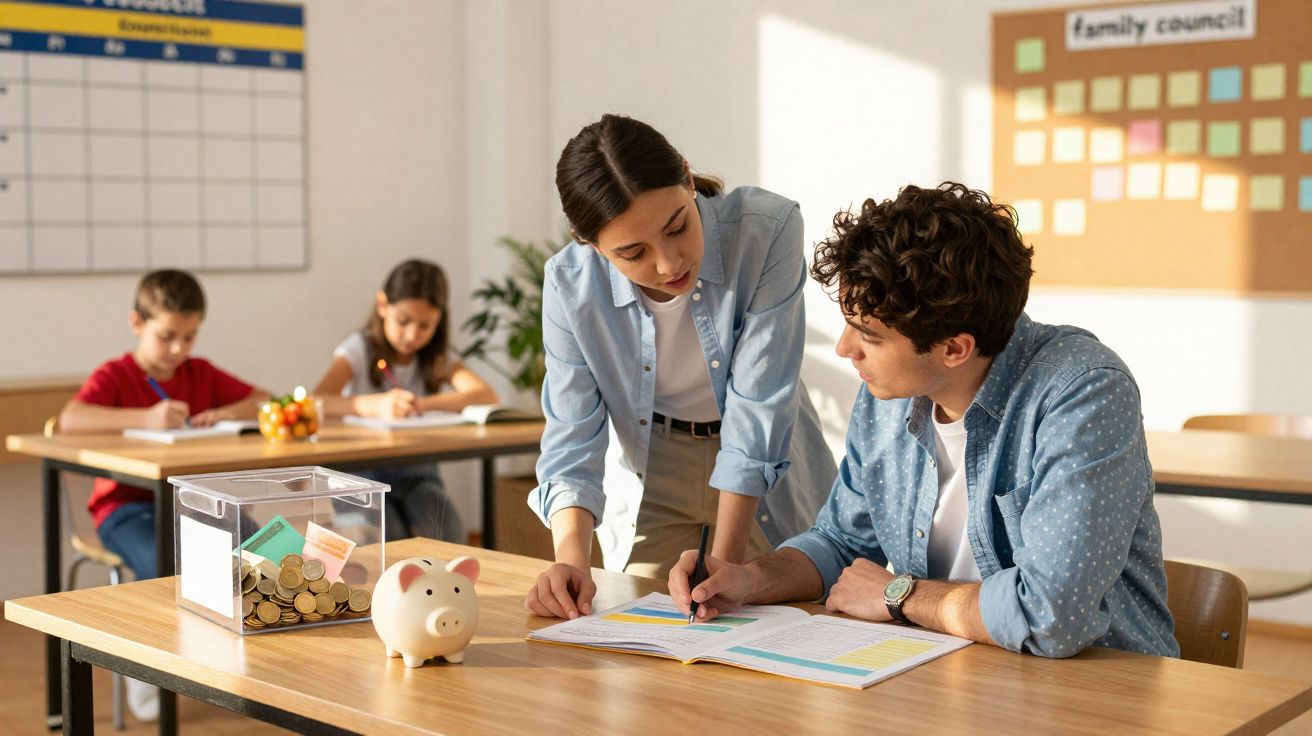 Professor ajudando aluno com estudo em sala de aula, com crianças ao fundo e cofrinho sobre a mesa.