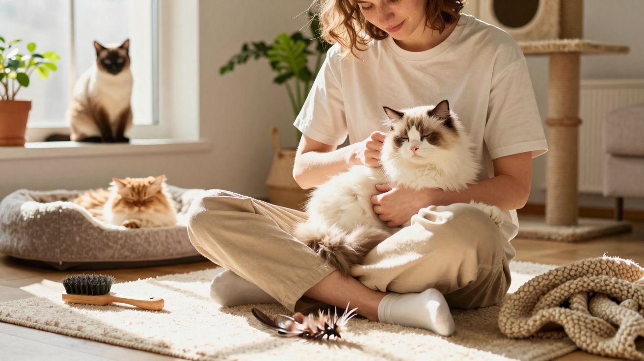 Mulher sentada no chão escovando um gato branco com dois gatos ao fundo em ambiente iluminado.