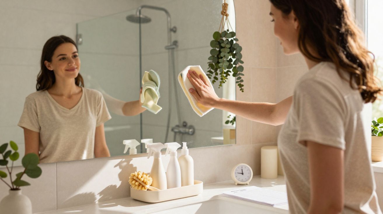 Mulher sorridente limpando espelho do banheiro com pano amarelo, plantinhas e produtos de limpeza no balcão.