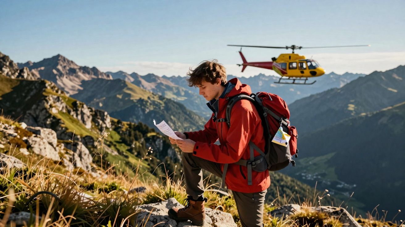 Jovem com mochila vermelha consulta mapa em montanha, com helicóptero amarelo voando ao fundo.