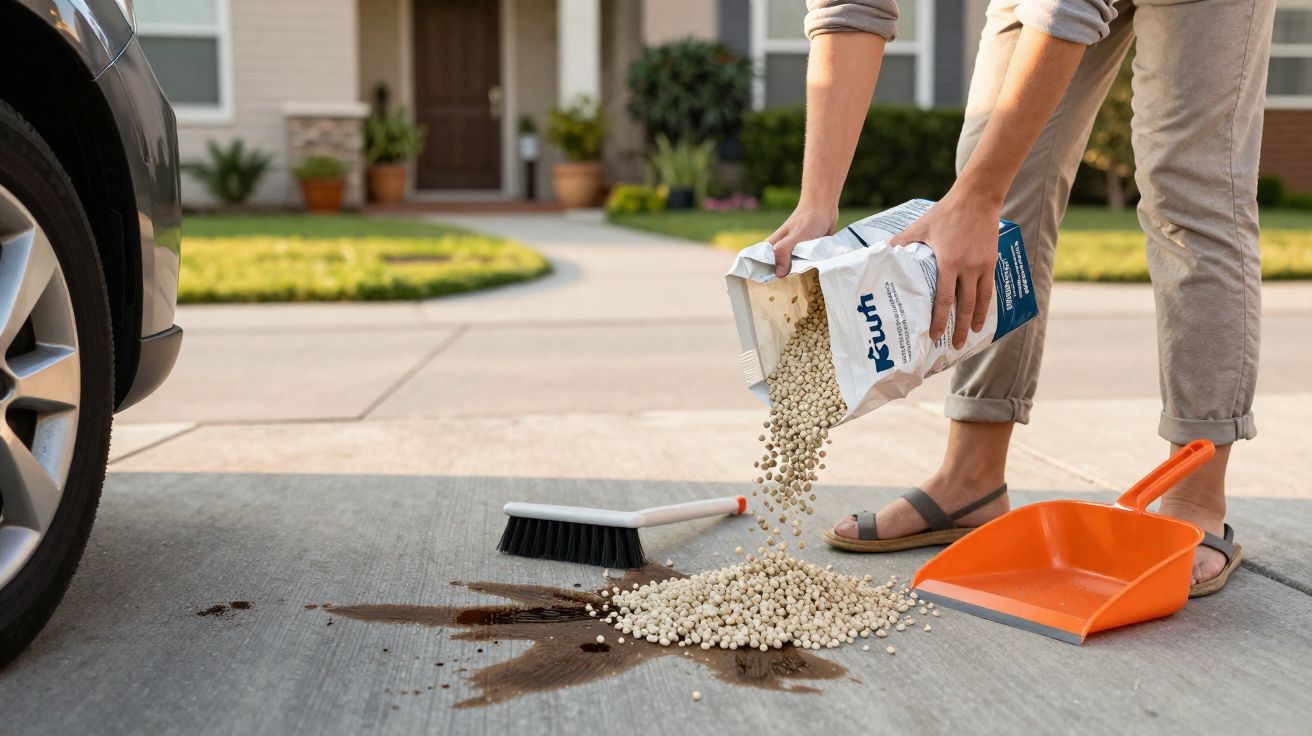 Pessoa derramando material absorvente sobre líquido derramado no chão, com uma pá e uma vassoura ao lado.