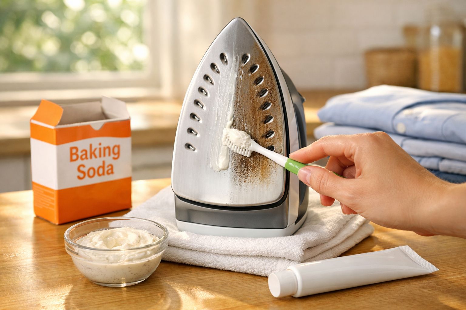 Mão limpando ferro de passar com escova de dente e bicarbonato de sódio sobre toalha branca.