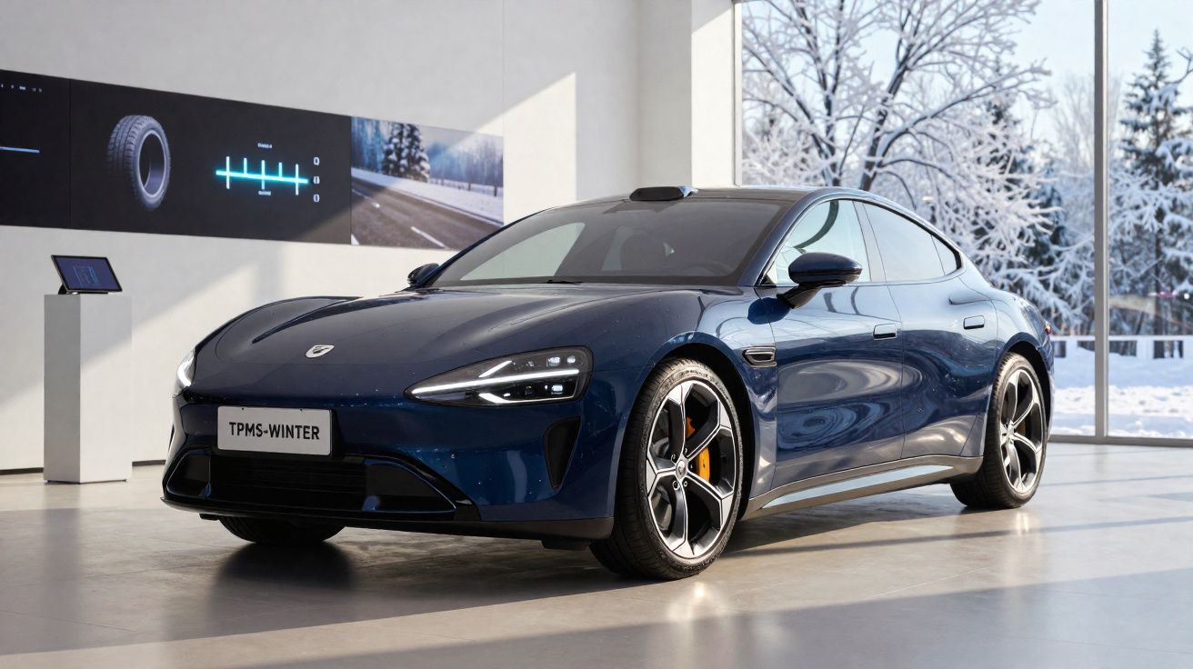 Carro esportivo azul escuro estacionado em showroom com grandes janelas e neve do lado de fora.