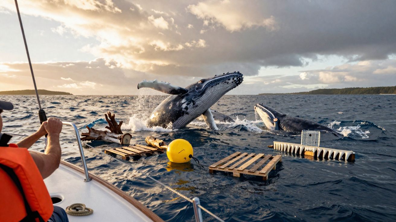Baleias emergindo do mar próximo a um barco, entre objetos flutuantes e céu nublado ao entardecer.