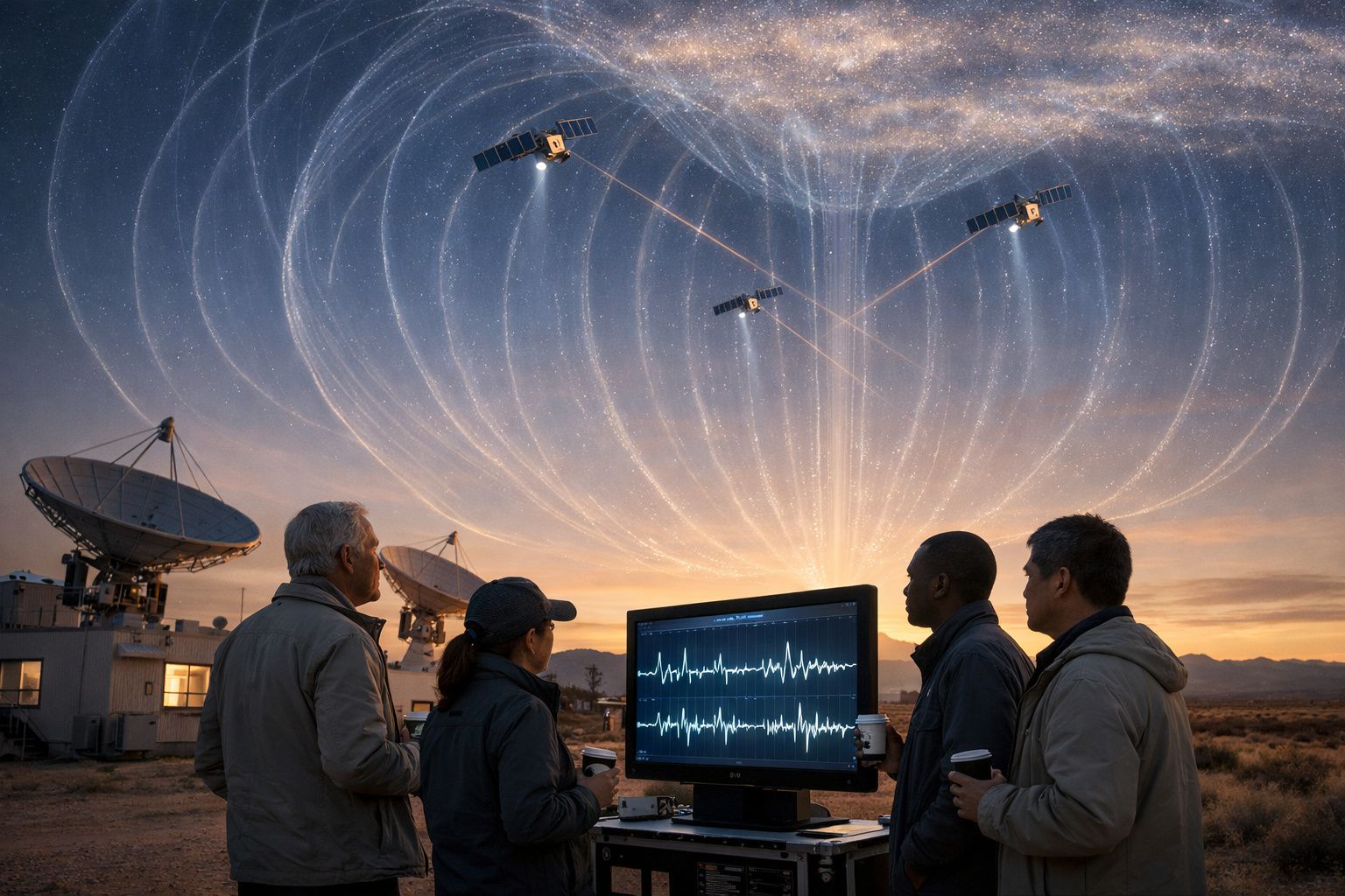 Quatro pessoas observam monitor com ondas de rádio, antenas parabólicas e satélites comunicando no céu ao entardecer.