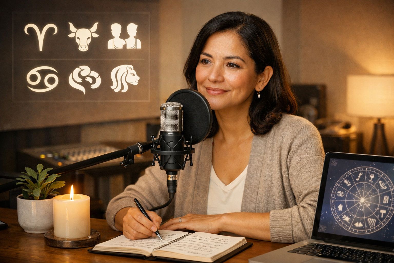 Mulher em estúdio grava podcast sobre signos do zodíaco com microfone, vela acesa e tablet com mapa astral.