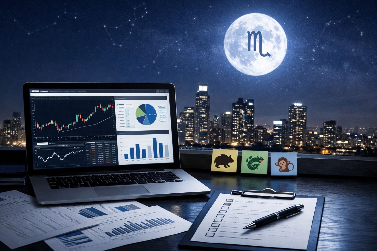 Mesa com laptop mostrando gráficos financeiros, papéis, caneta e lua cheia com símbolo de escorpião no céu noturno urbano.