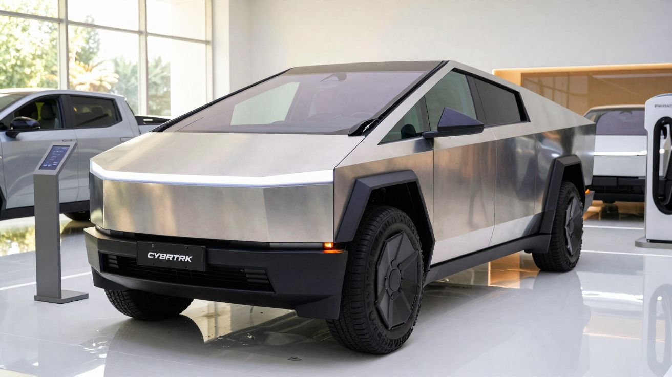 Caminhonete elétrica Tesla Cybertruck prata exibida em sala com piso branco e iluminação natural.