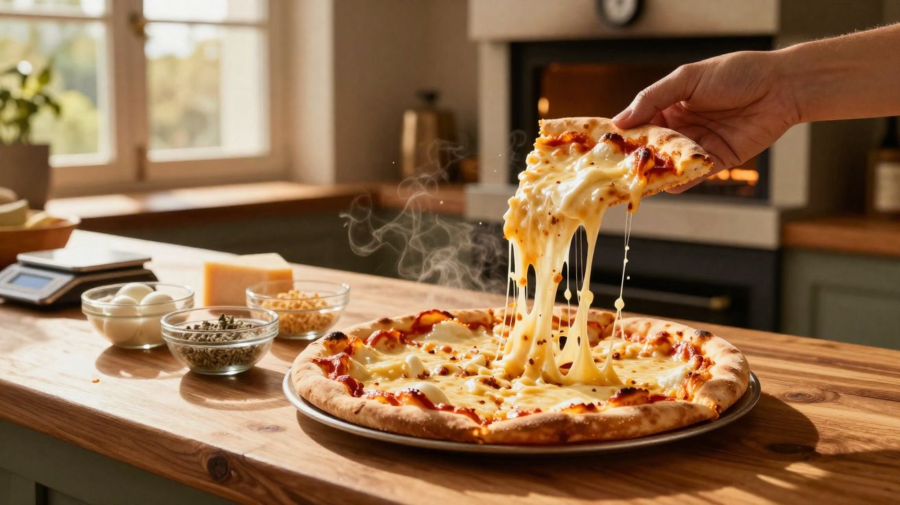 Pizza quente com queijo derretido sendo puxado em cozinha iluminada por janela.