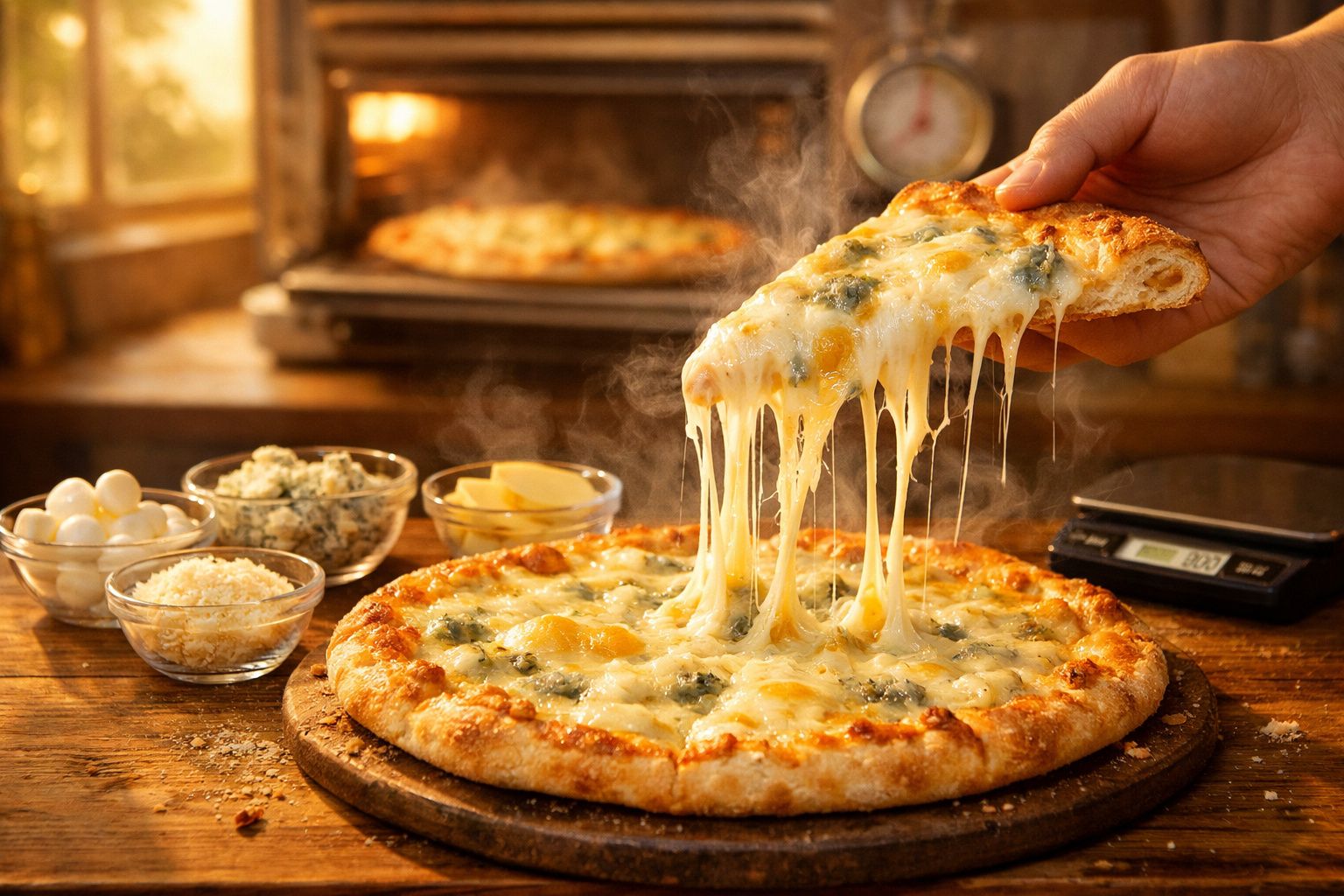 Pizza quatro queijos com queijo derretido sendo puxado, em ambiente rústico com ingredientes ao fundo.