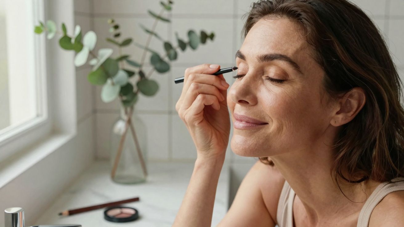 Mulher aplicando lápis nos olhos com expressão serena em frente a uma janela e vaso com folhagens.