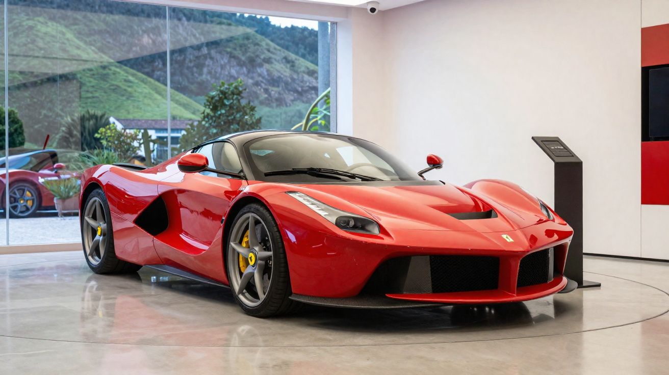 Carro esportivo vermelho Ferrari exibido em ambiente interno com janelas grandes ao fundo e chão de concreto polido.